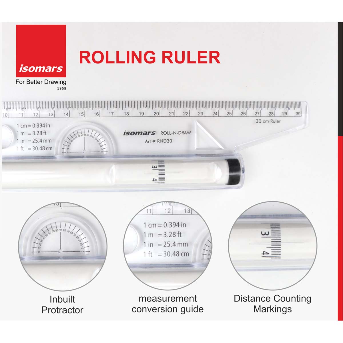 Rigla cu rola Isomars Rolling Ruler - 30 cm.