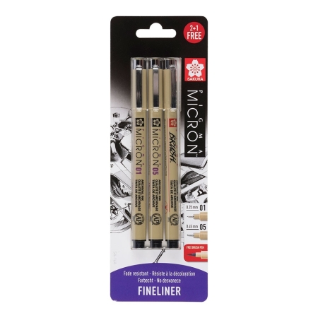 Set Linere Sakura Micron 01/05 Black blister Pigma Brushgratis